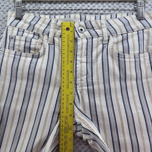 Pilco Pants Womens 28 Cream Brown Blue Striped High Rise Bootcut Raw Hem Casual - Picture 12 of 15